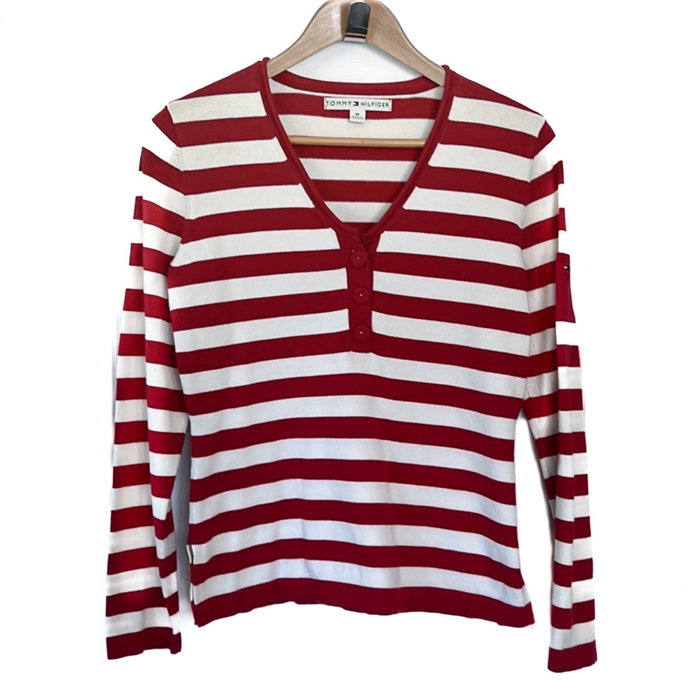 Tommy Hilfiger Women’s V-Neck Long Sleeve Red Striped Sweater Size M